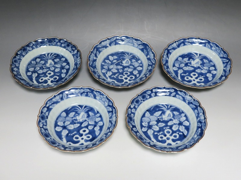 江戸時代◎伊万里焼　染付皿五枚 伊万里 染付 山水文 大角皿（江戸幕末期）｜30cm×30cm 高さ5cm | 古